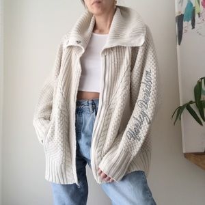 Harley Davidson cream knit zip cardigan w/pockets